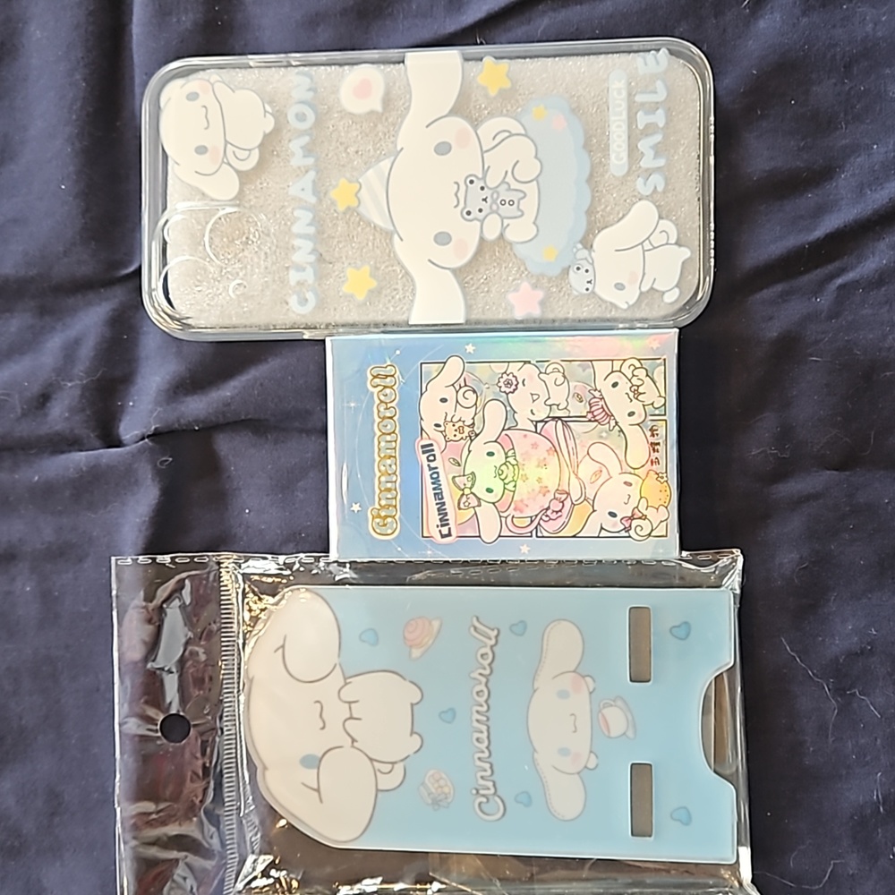 Sanrio Cinnamroll bundle phone stand, phone case, and photo card pack. NWT